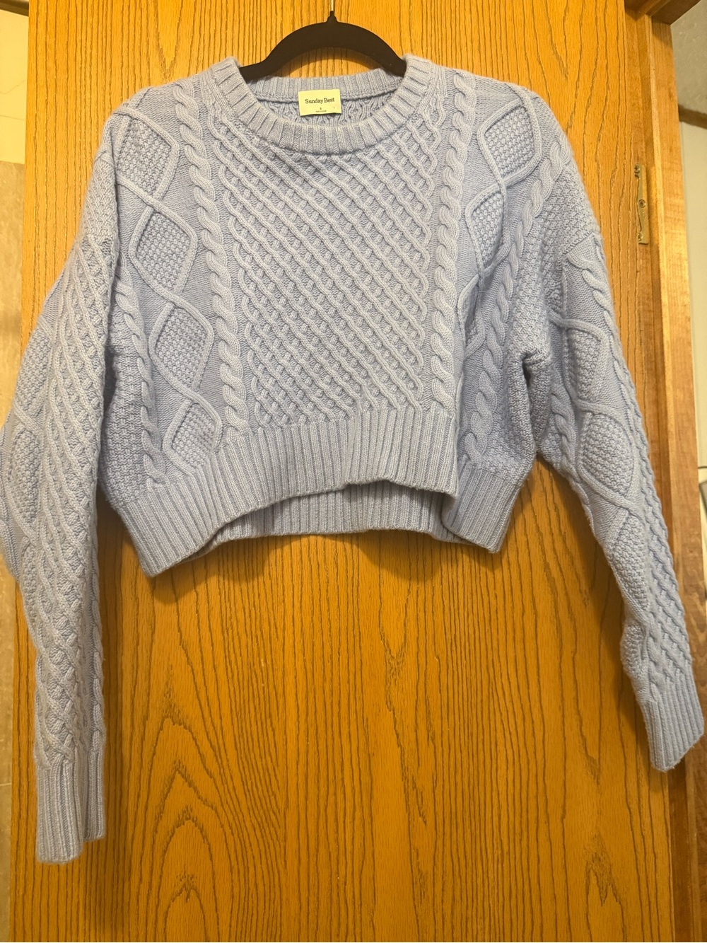 Aritzia Sunday Best Pale Blue Cable Knit Cropped Crew Sweater
